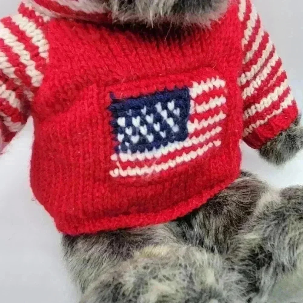 Dillars Grey Teddy Bear Patriotic USA Knitted Sweater Hoodie Soft Faux Fur